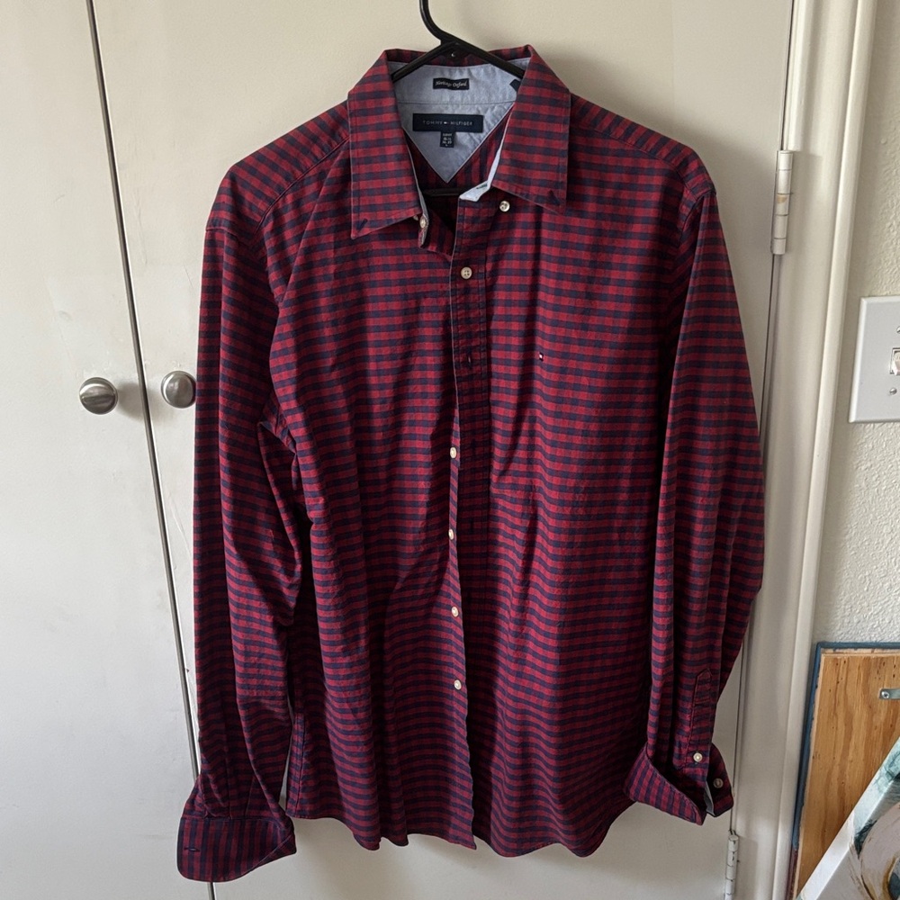 Tommy Hilfiger Men's Red and Blue Plaid Shirt